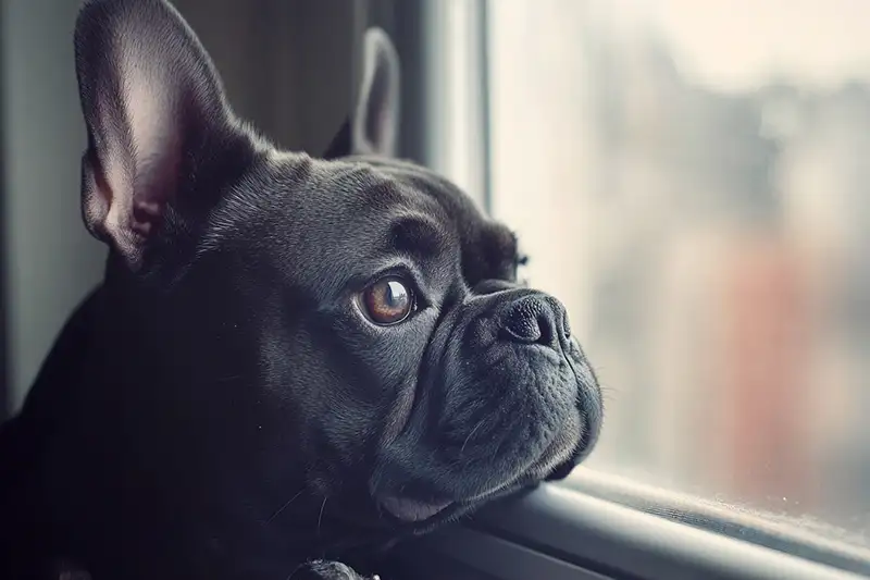 anxiété de séparation - bouledogue français regardant par une fenêtre