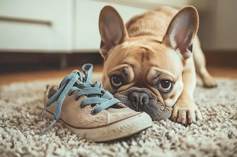 bouledogue français couché à coté d'une chaussure