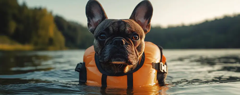 bouledogue avec gilet de sauvetage dans un lac