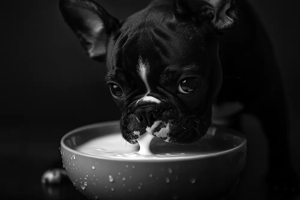 bouledogue Français qui boit du lait