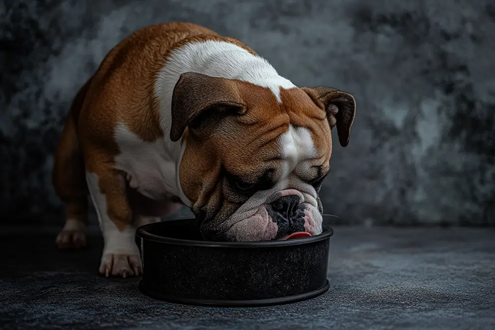 bouledogue anglais mangeant dans son bol