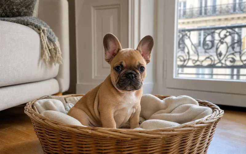 Chiot bouledogue français dans son panier le jour de son arrivée à la maison
