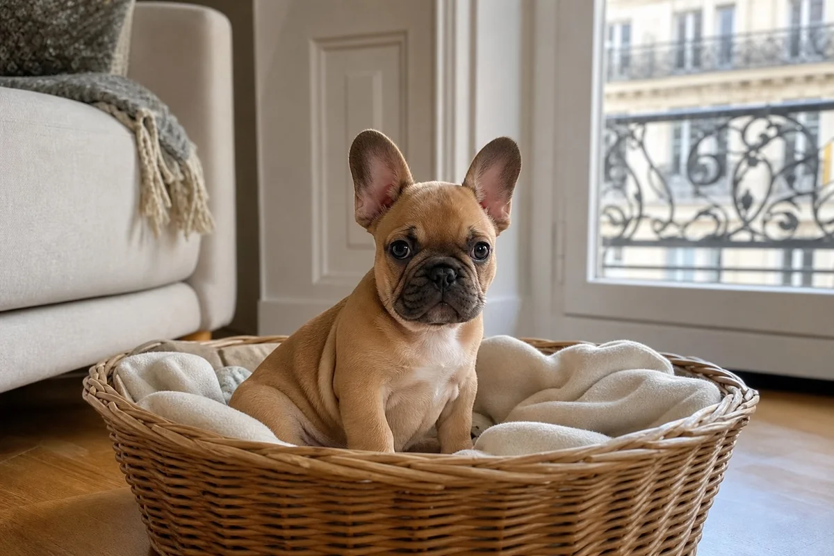 Chiot bouledogue français dans son panier le jour de son arrivée à la maison