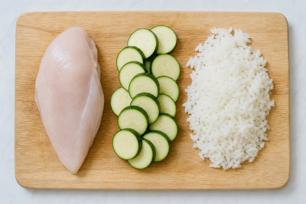 Blanc de poulet, courgette et riz blanc disposés sur un plan de travail pour un chien insuffisant rénal