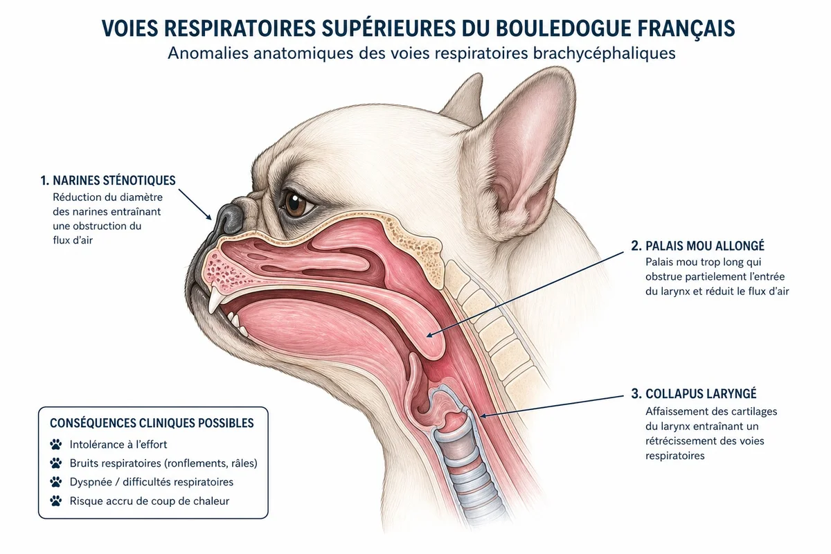 Schéma anatomique simplifié des malformations du syndrome brachycéphale chez le bouledogue français : narines sténosées, palais mou allongé, larynx