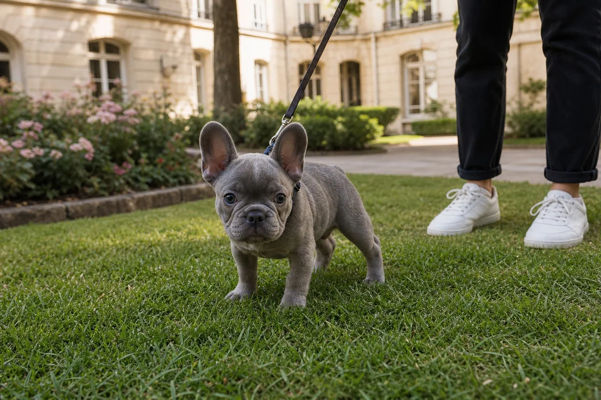 Chiot bouledogue français sorti en laisse dans une cour après un repas pour apprentissage de la propreté