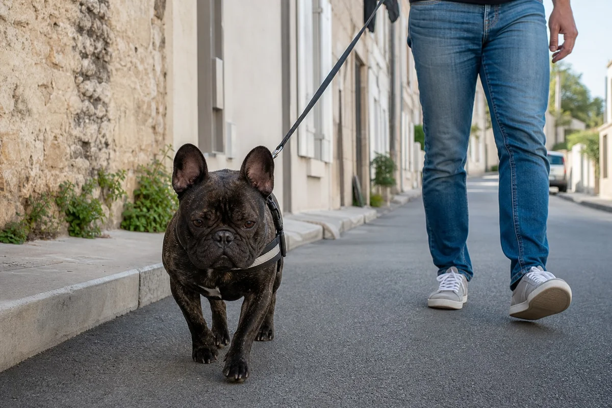 Bouledogue français adulte en promenade de 30 à 45 minutes dans un quartier résidentiel