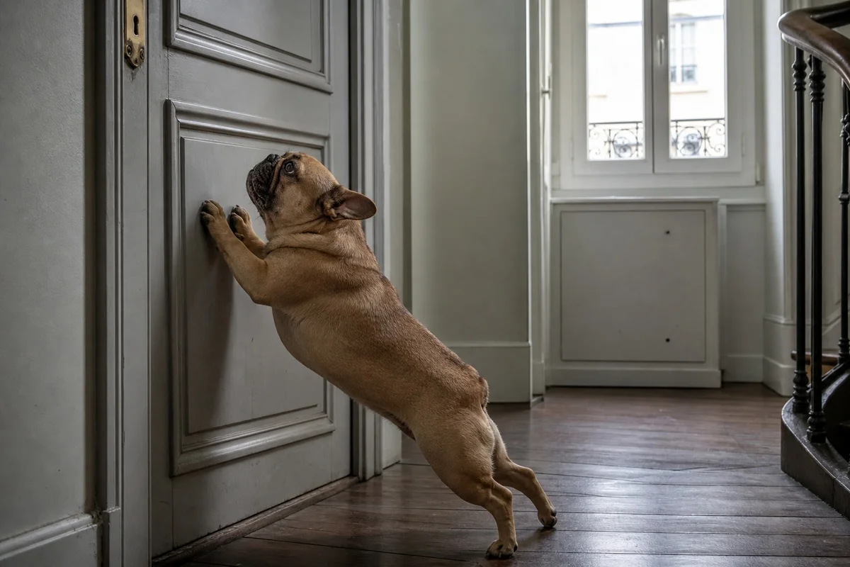 Bouledogue français grattant la porte d'entrée d'un appartement, signe d'anxiété de séparation