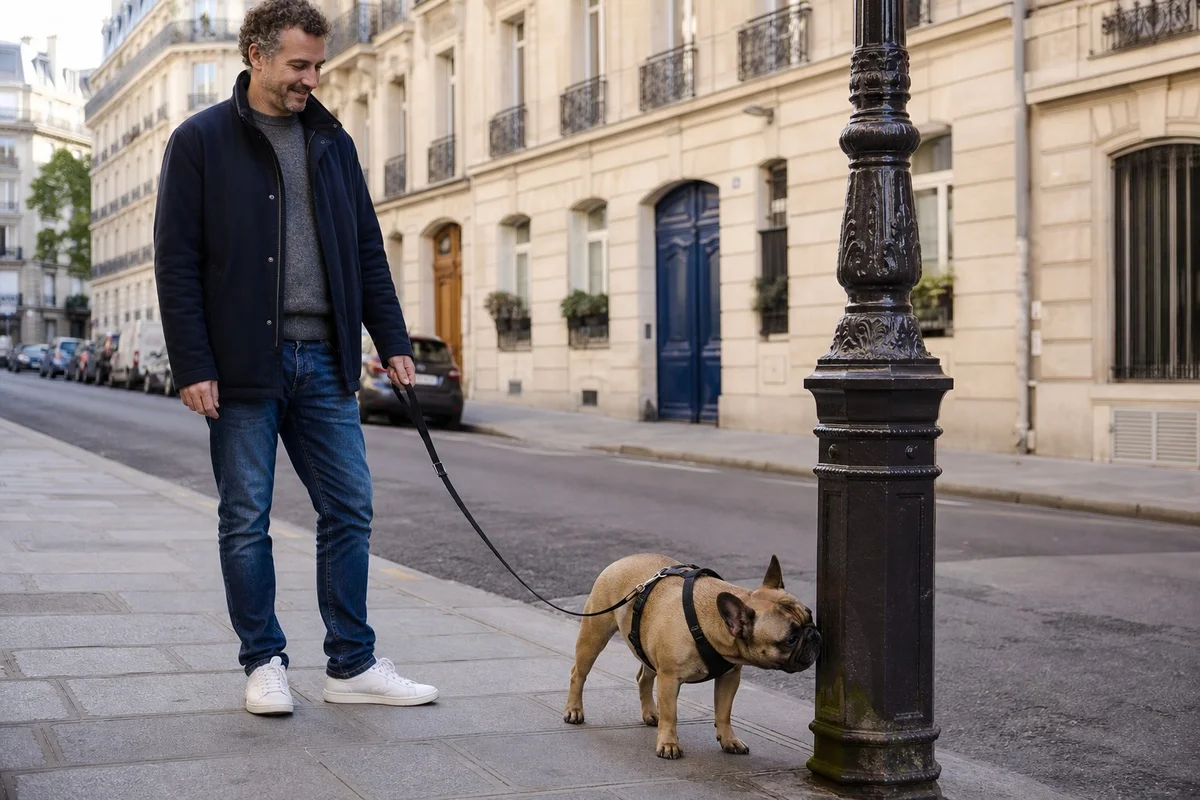 Balade du bouledogue français dans son nouveau quartier Bouledogue français en laisse explorant un nouveau quartier avec son propriétaire
