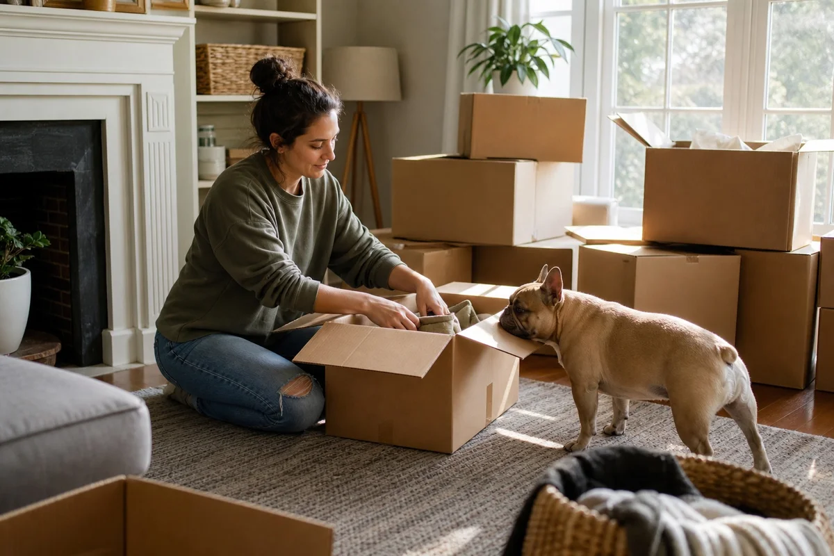 Préparer son bouledogue français au déménagement Propriétaire préparant des cartons calmement avec son bouledogue français à côté