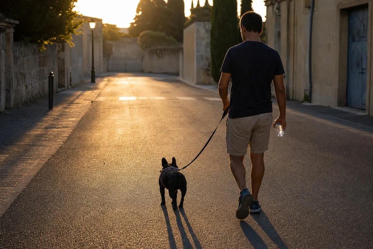 Bouledogue français promené tôt le matin en été pour éviter la chaleur
