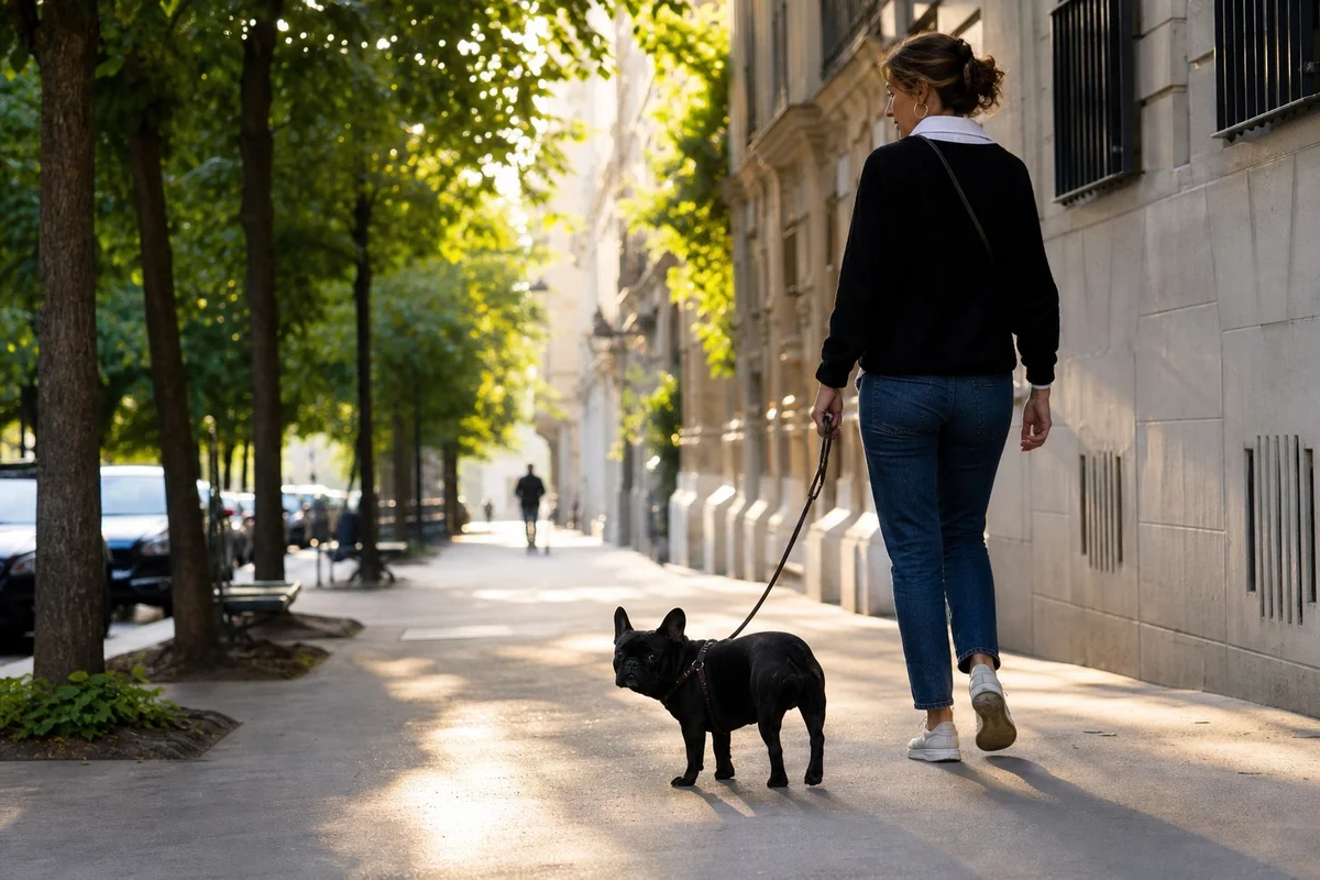 Propriétaire promenant son bouledogue français à l'ombre tôt le matin en ville française