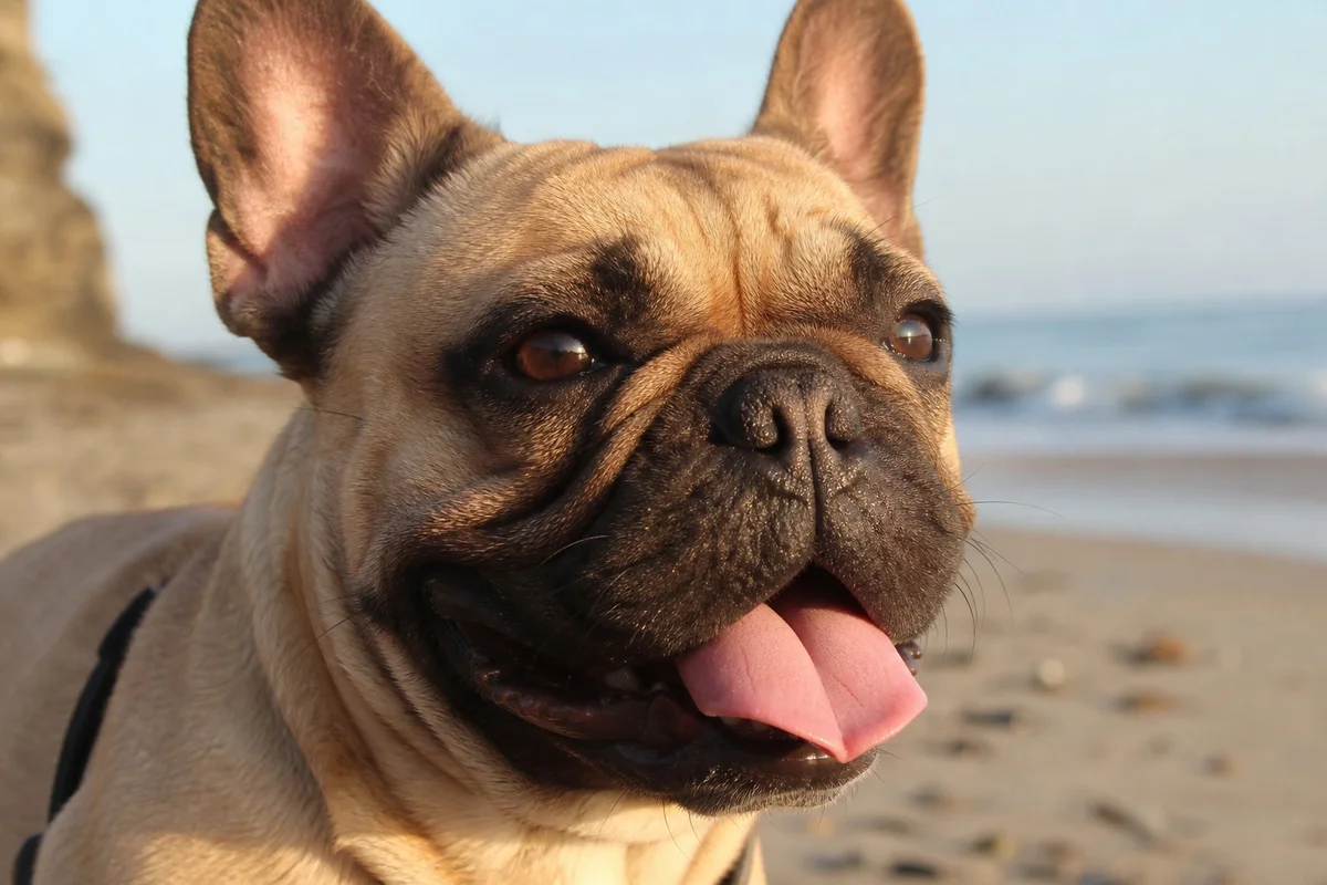 Bouledogue français haletant sous le soleil, illustrant le risque de coup de chaleur lié à la morphologie brachycéphale