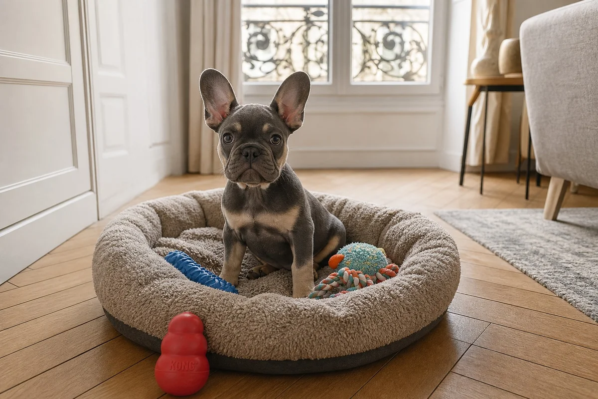 Chiot bouledogue français dans son espace dédié avec jouets, premier apprentissage de la solitude