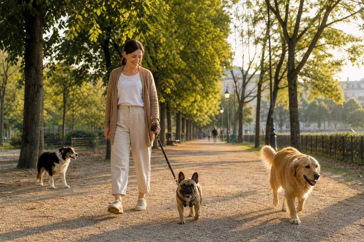 Bouledogue français serein lors d'une rencontre avec un autre chien Bouledogue français calme et détendu lors d'une promenade en présence d'autres chiens dans un parc parisien