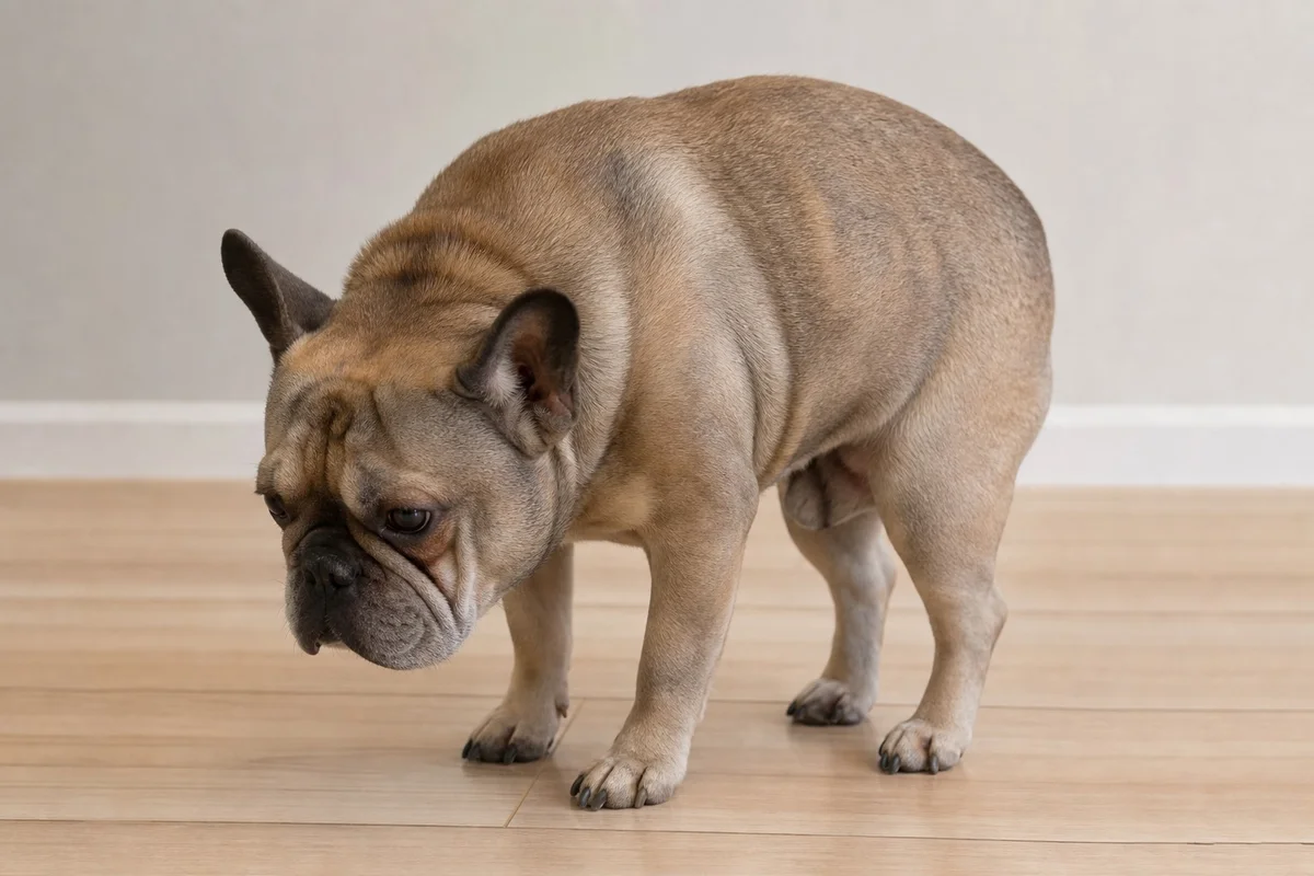 bouledogue français en position voûtée sur un sol, tête basse, posture typique de douleur dorsale