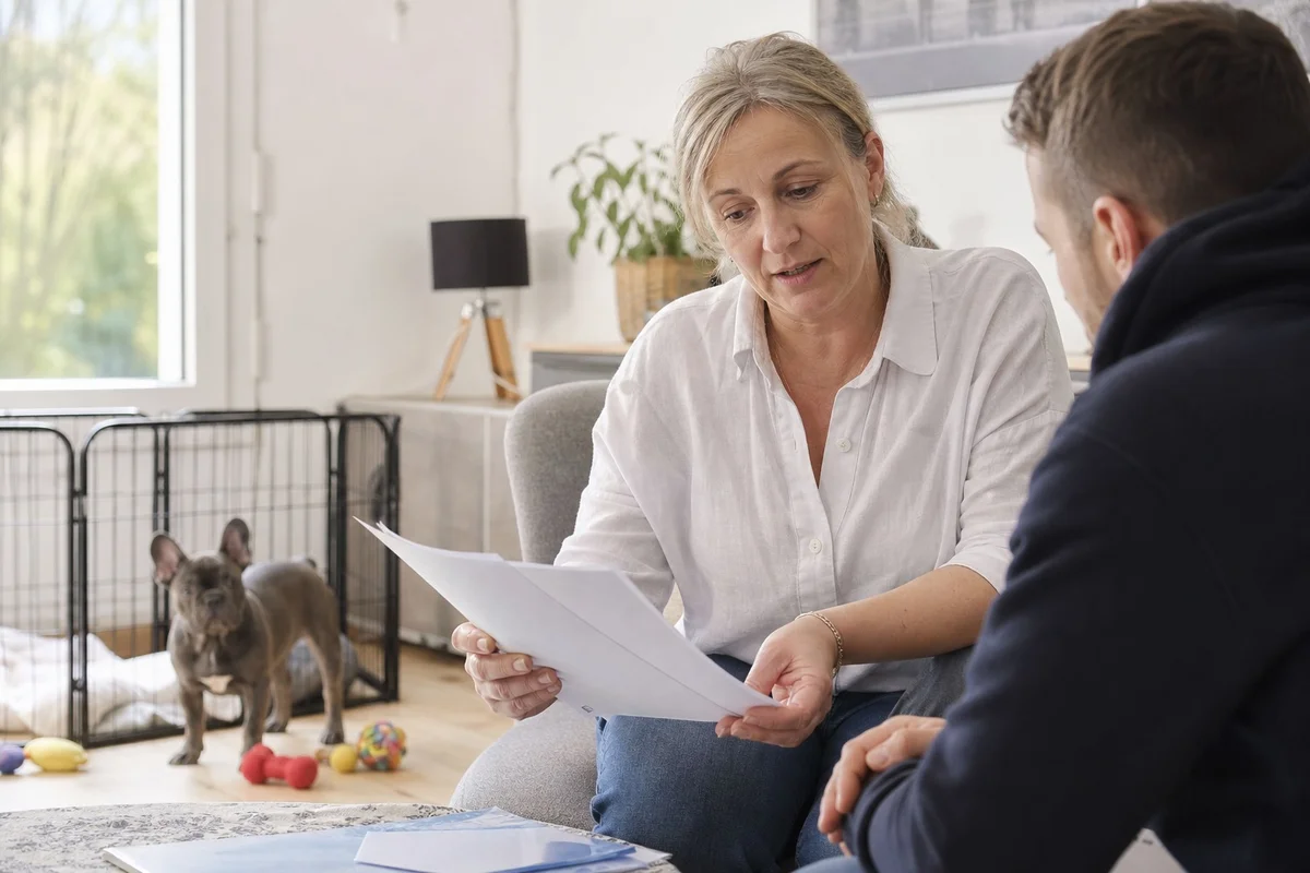 Éleveur responsable présentant les documents de test génétique d'un chiot bouledogue français