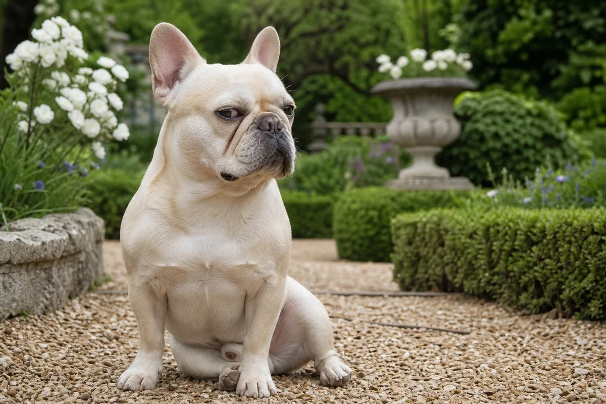 Bouledogue français assis dans un jardin, l'air pensif et légèrement récalcitrant