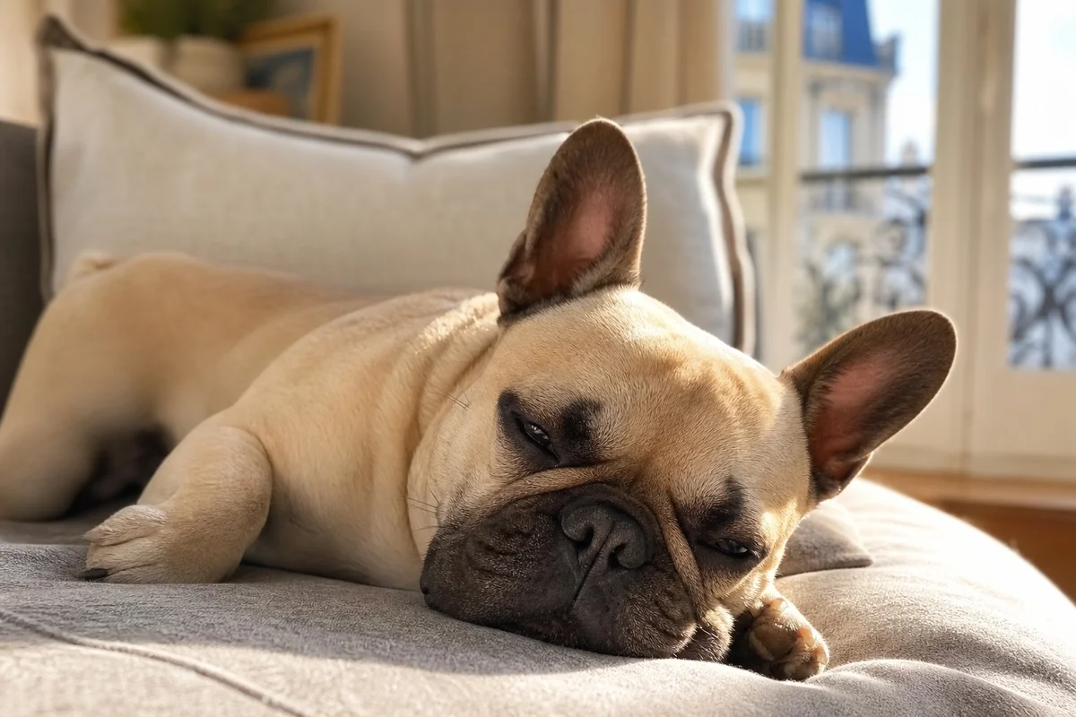 Bouledogue français allongé et détendu sur un canapé après une séance de jeux d'intelligence à domicile