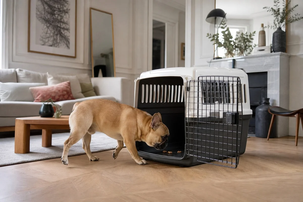 Bouledogue français qui renifle la caisse de transport et s'habitue