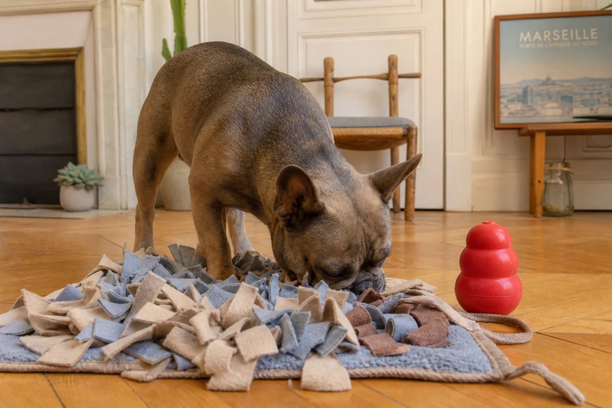 Bouledogue français adulte avec tapis de fouille et jouet Kong rempli pour s'occuper seul