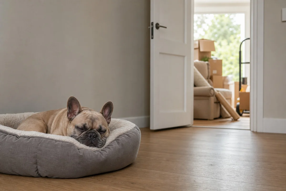Bouledogue français isolé le jour du déménagement Bouledogue français dans son panier dans une pièce calme le jour du déménagement