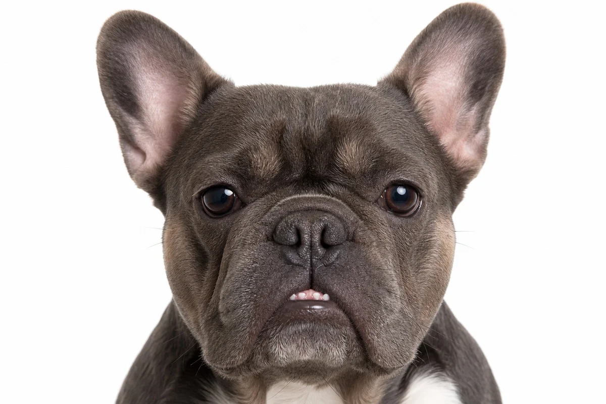 Morphologie du bouledogue français et communication avec les autres chiens Gros plan sur le visage aplati d'un bouledogue français montrant ses babines retroussées naturellement