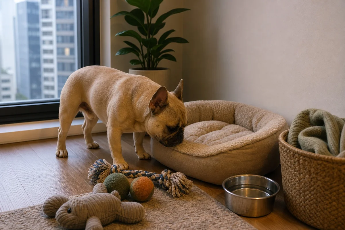 Installer les repères du bouledogue français dans le nouveau logement Panier jouets et gamelle du bouledogue français installés dans un nouveau logement