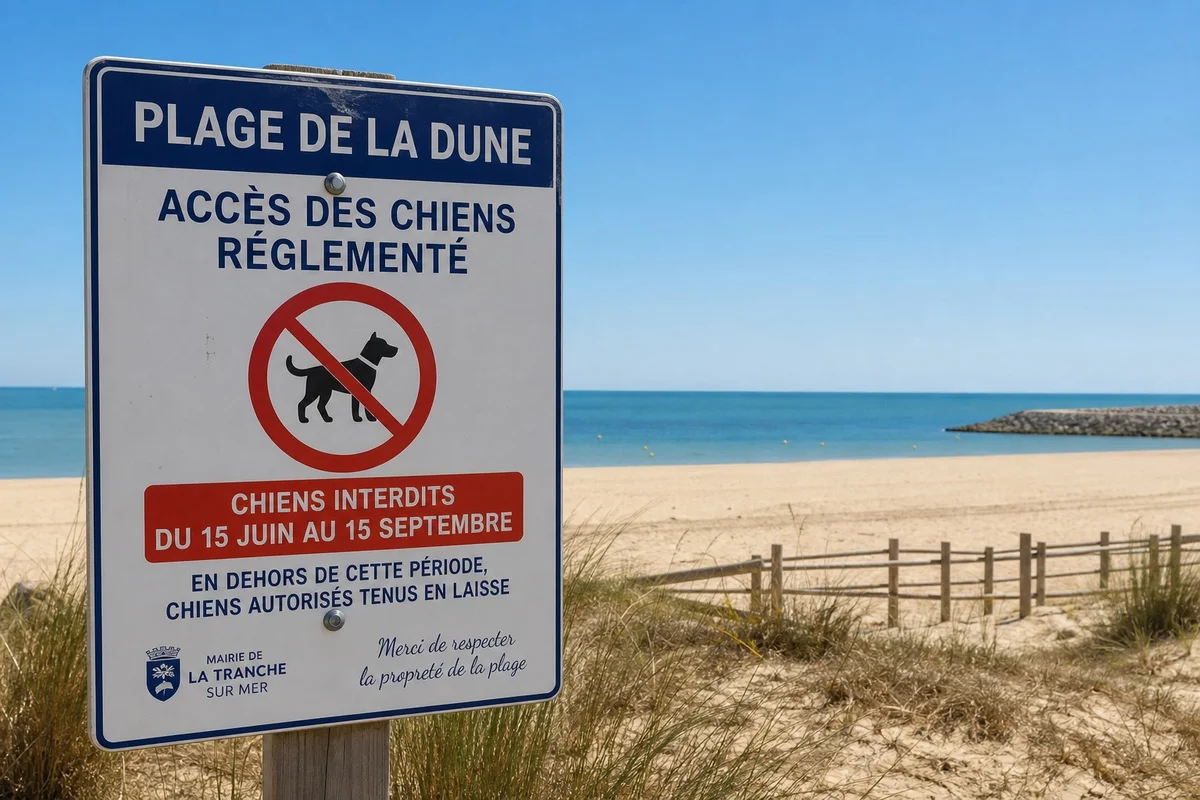 Panneau indiquant les horaires d'accès des chiens sur une plage française en haute saison