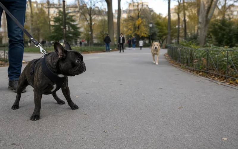 Bouledogue français tenu en laisse qui recule devant un autre chien dans un parc urbain en France