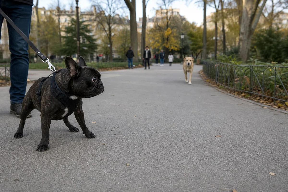 Bouledogue français tenu en laisse qui recule devant un autre chien dans un parc urbain en France