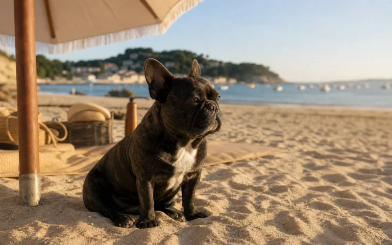 Bouledogue français assis sur le sable d'une plage française sous un parasol par beau temps