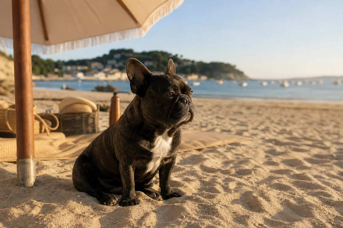 Bouledogue français assis sur le sable d'une plage française sous un parasol par beau temps