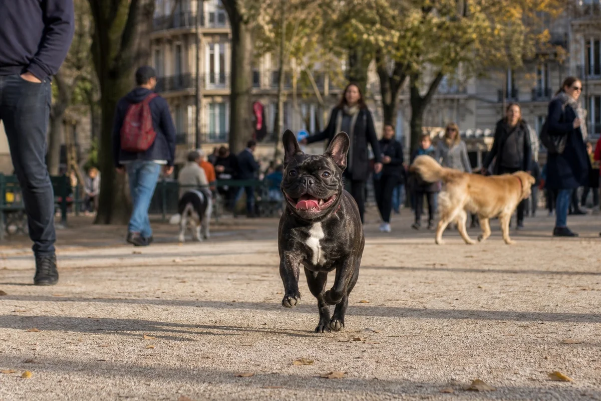 Bouledogue français en train de revenir au pied de son maître dans un parc parisien animé