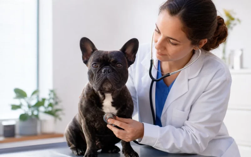 Bouledogue français assis sur une table d'examen vétérinaire en France, regardant le médecin