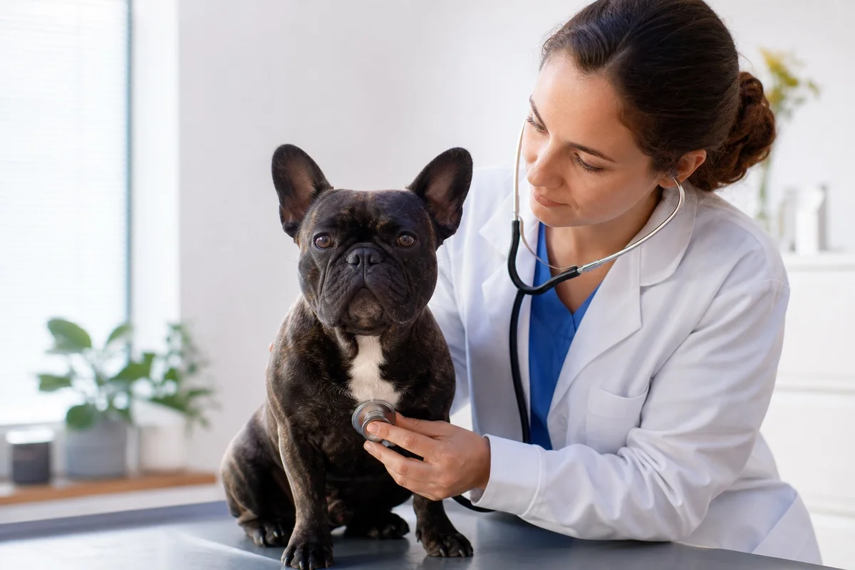 Bouledogue français assis sur une table d'examen vétérinaire en France, regardant le médecin