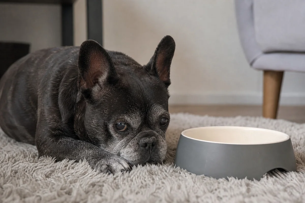 Bouledogue français âgé couché près de sa gamelle, pelage grisonnant autour du museau