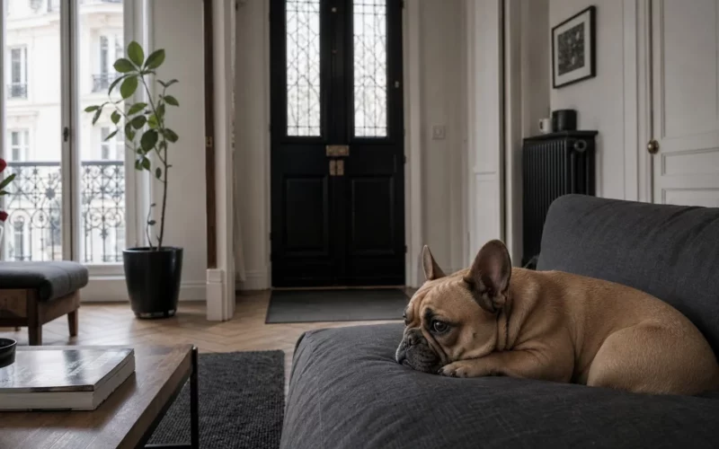 Bouledogue français allongé seul sur un canapé gris dans un appartement, regardant vers la porte