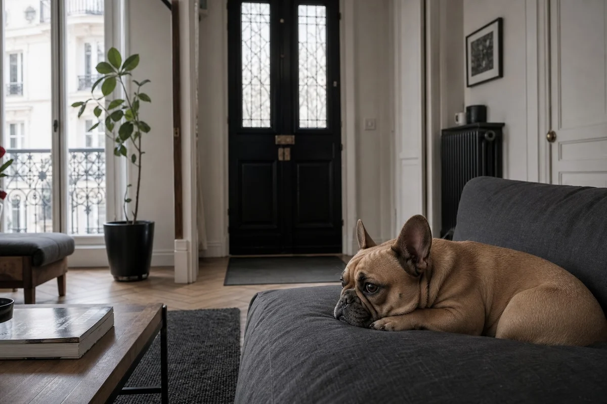 Bouledogue français allongé seul sur un canapé gris dans un appartement, regardant vers la porte