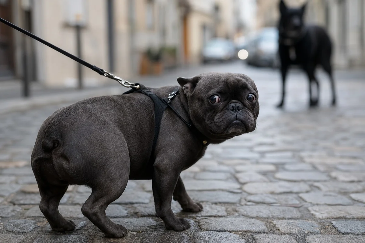 Signaux de stress et de peur chez le bouledogue français Bouledogue français avec oreilles plaquées en arrière et queue basse, signaux de peur face à un congénère