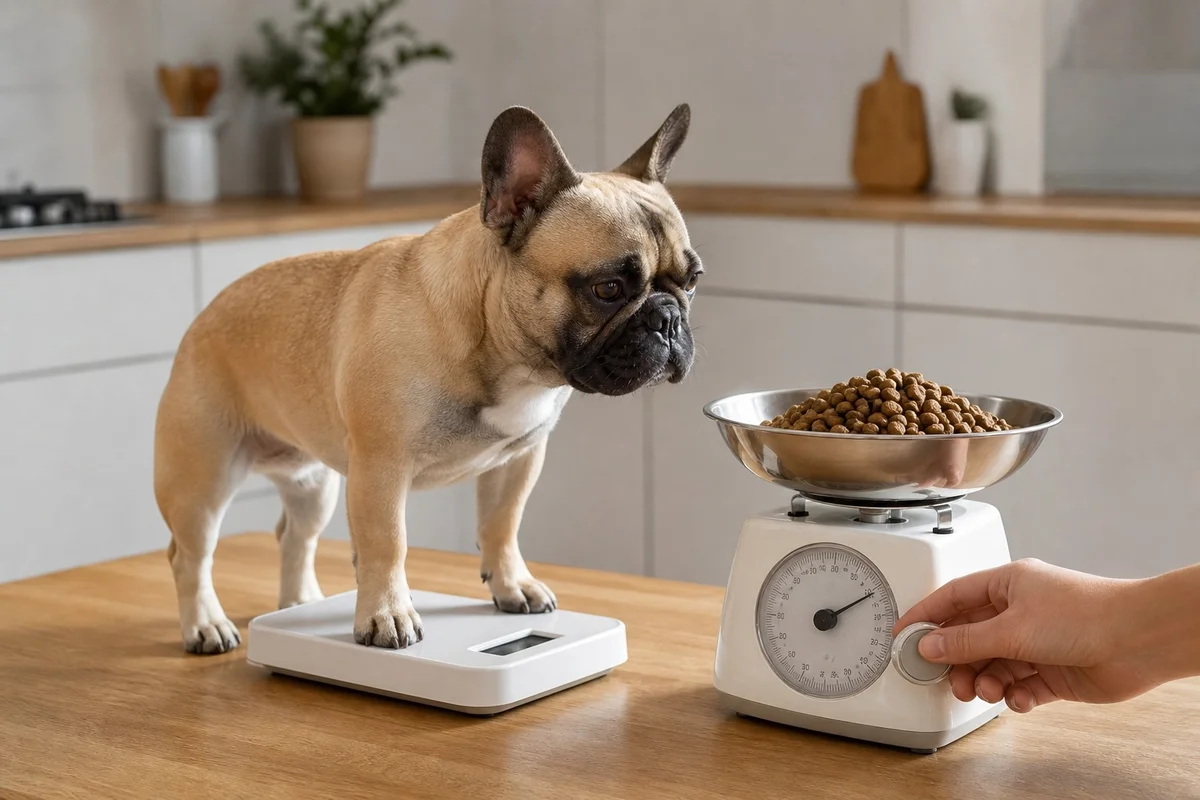 Bouledogue français en légère surcharge pondérale vu de profil, propriétaire pesant les croquettes sur une balance de cuisine