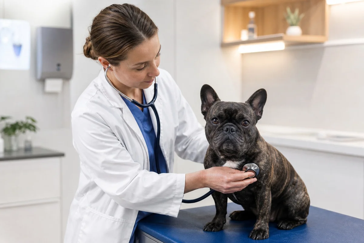 Vétérinaire effectuant un bilan de santé annuel sur un bouledogue français adulte en clinique