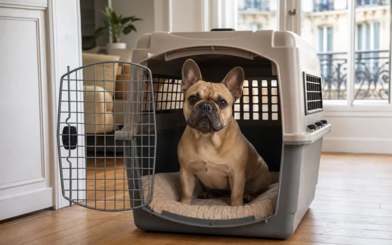 Bouledogue français adulte installé dans une caisse de transport rigide taille M bien ventilée