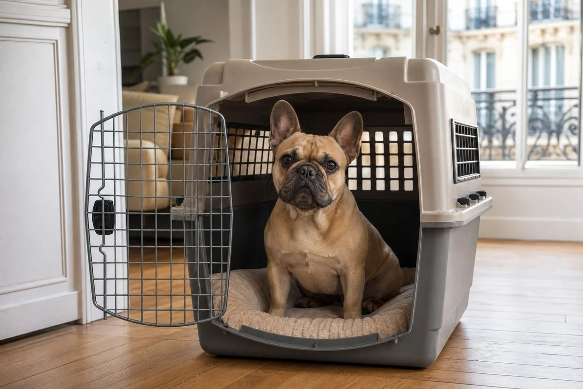 Bouledogue français adulte installé dans une caisse de transport rigide taille M bien ventilée