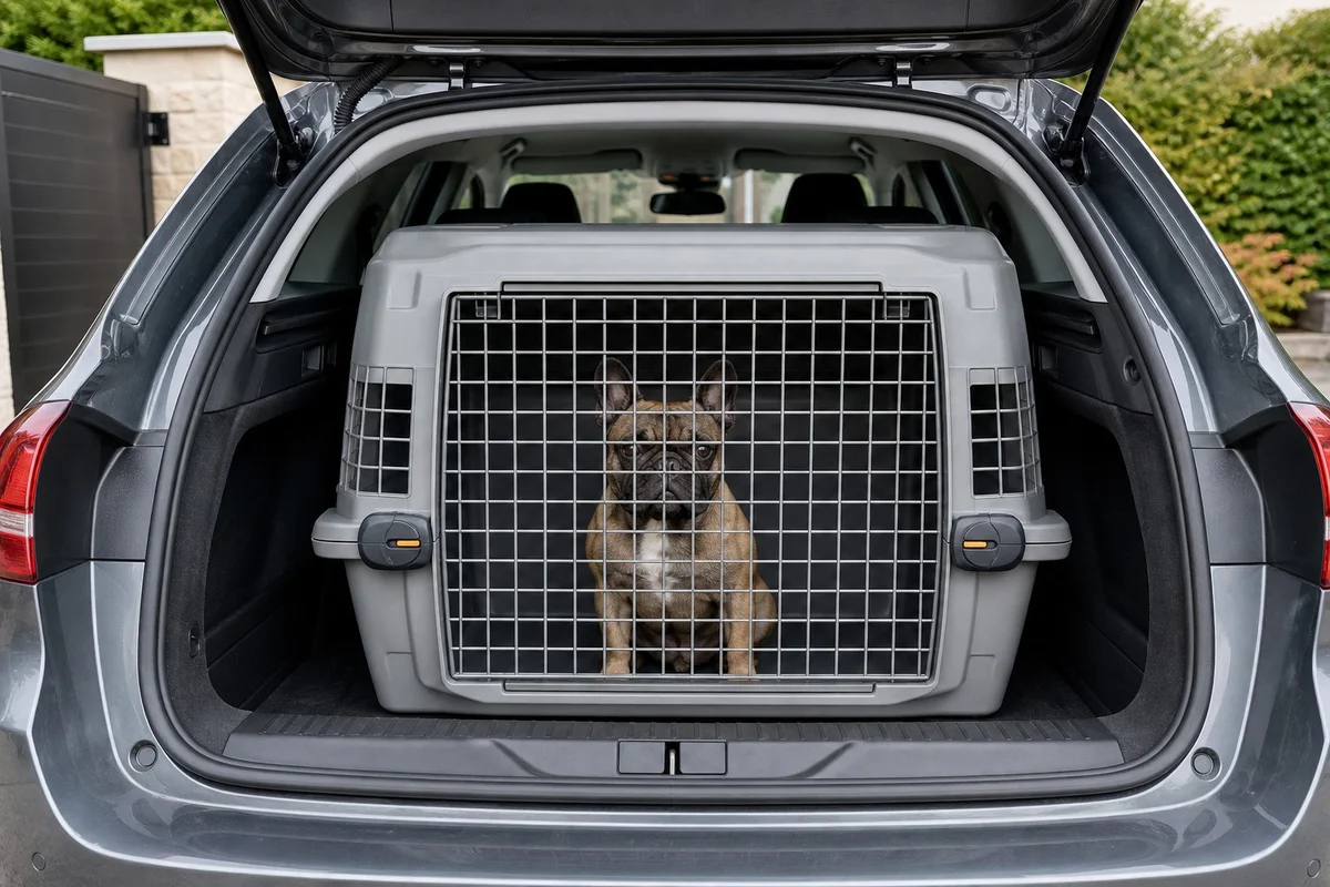 Caisse de transport rigide pour bouledogue français correctement arrimée dans le coffre d'une voiture