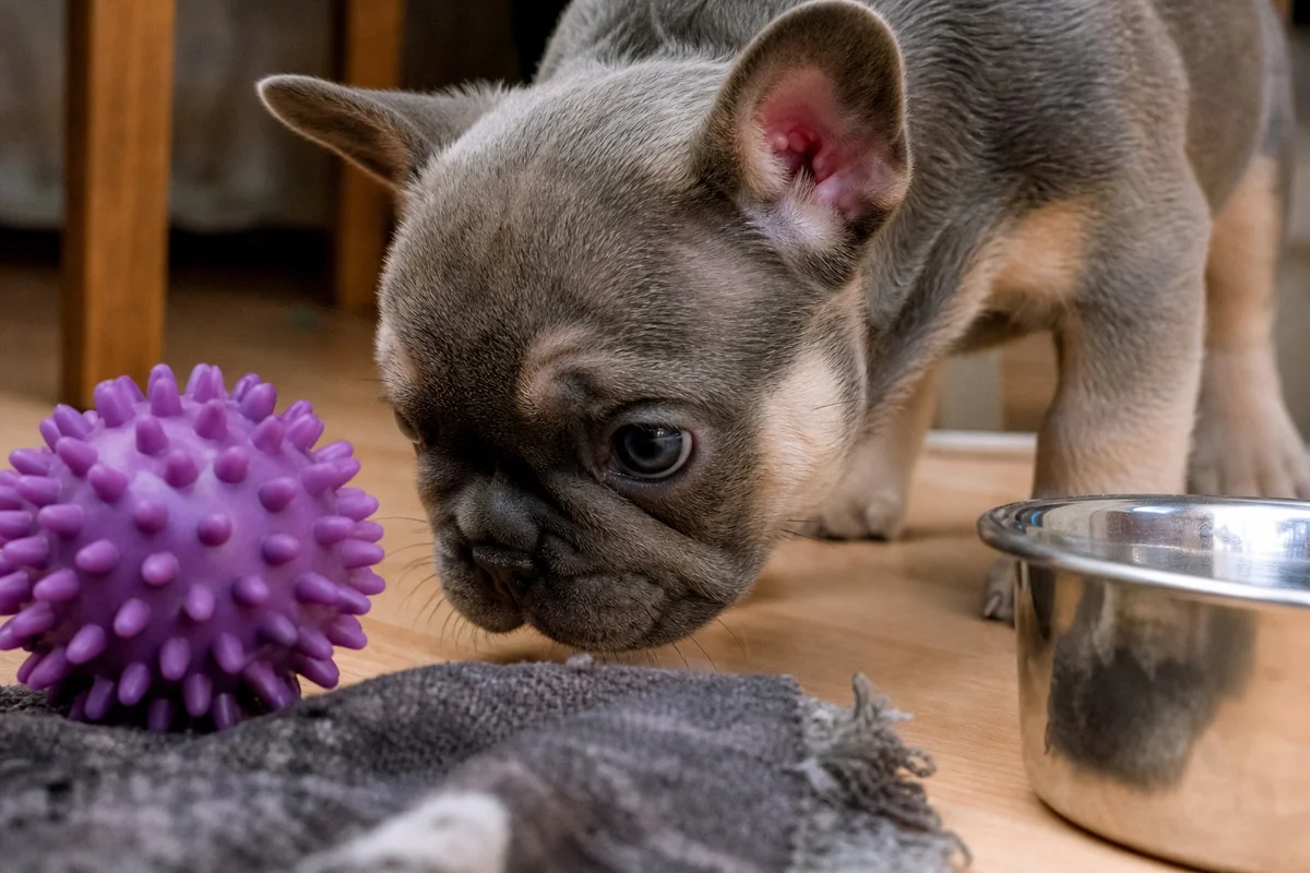 Plasticité cérébrale du chiot pendant la période sensible de socialisation Chiot bouledogue français de 7 semaines découvrant de nouveaux stimuli visuels et sonores