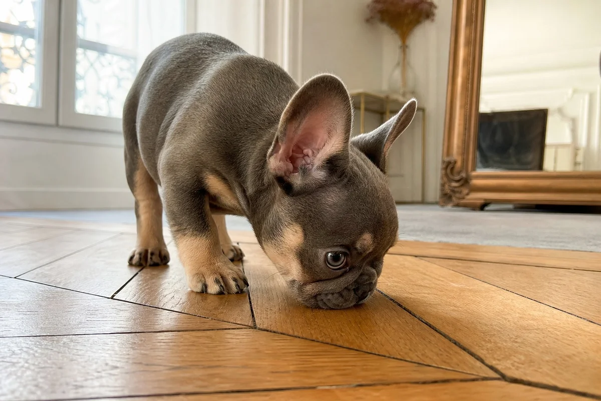 Chiot bouledogue français qui renifle le sol d'un appartement lors de son arrivée