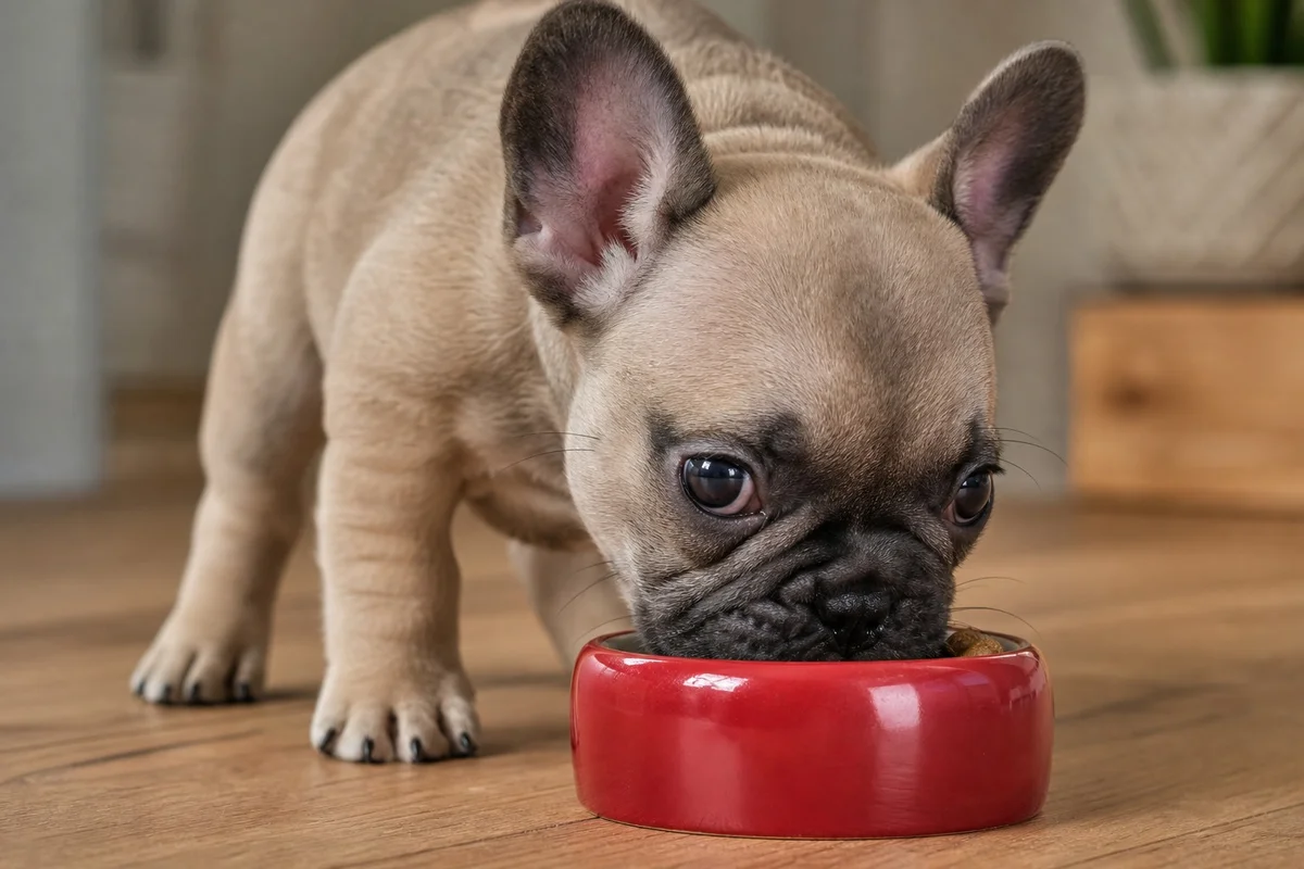 Chiot bouledogue français mangeant dans une petite gamelle rouge posée sur le sol