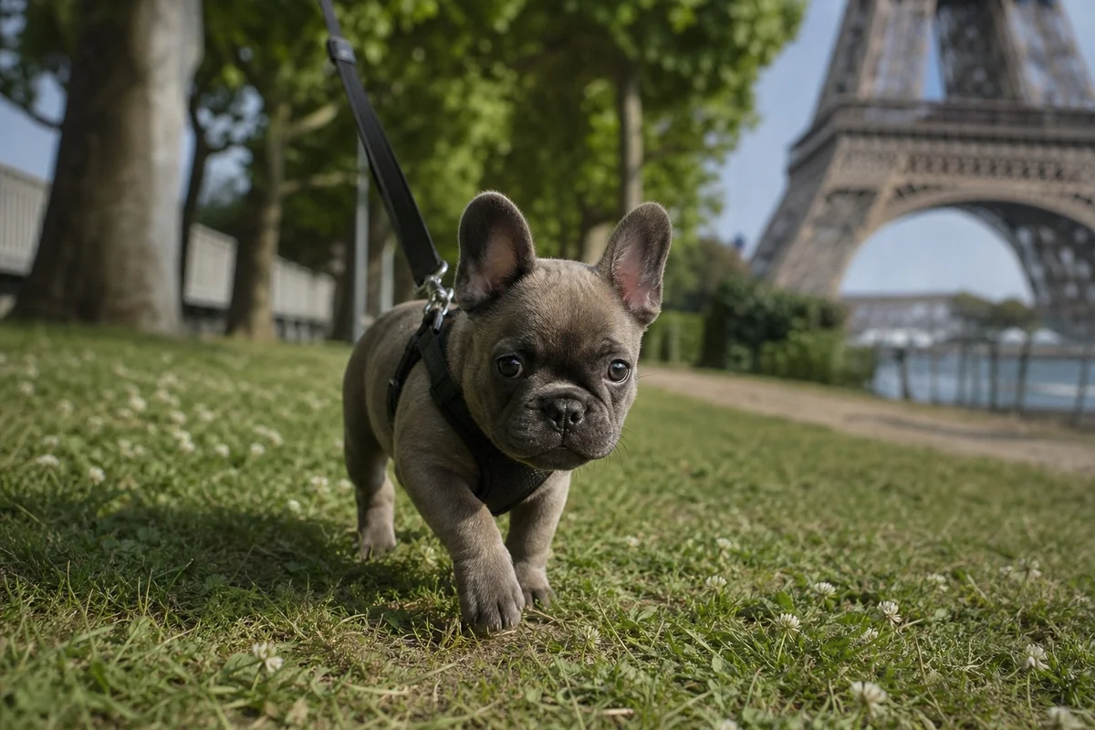 Chiot bouledogue français de 3 mois en courte promenade dans un parc