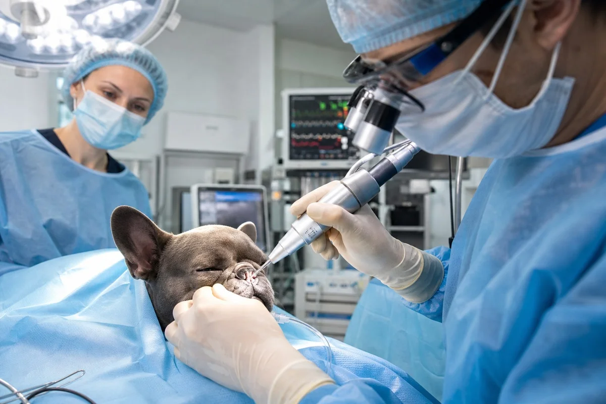 Bloc opératoire vétérinaire lors d'une chirurgie du syndrome brachycéphale chez un bouledogue français, utilisation du laser